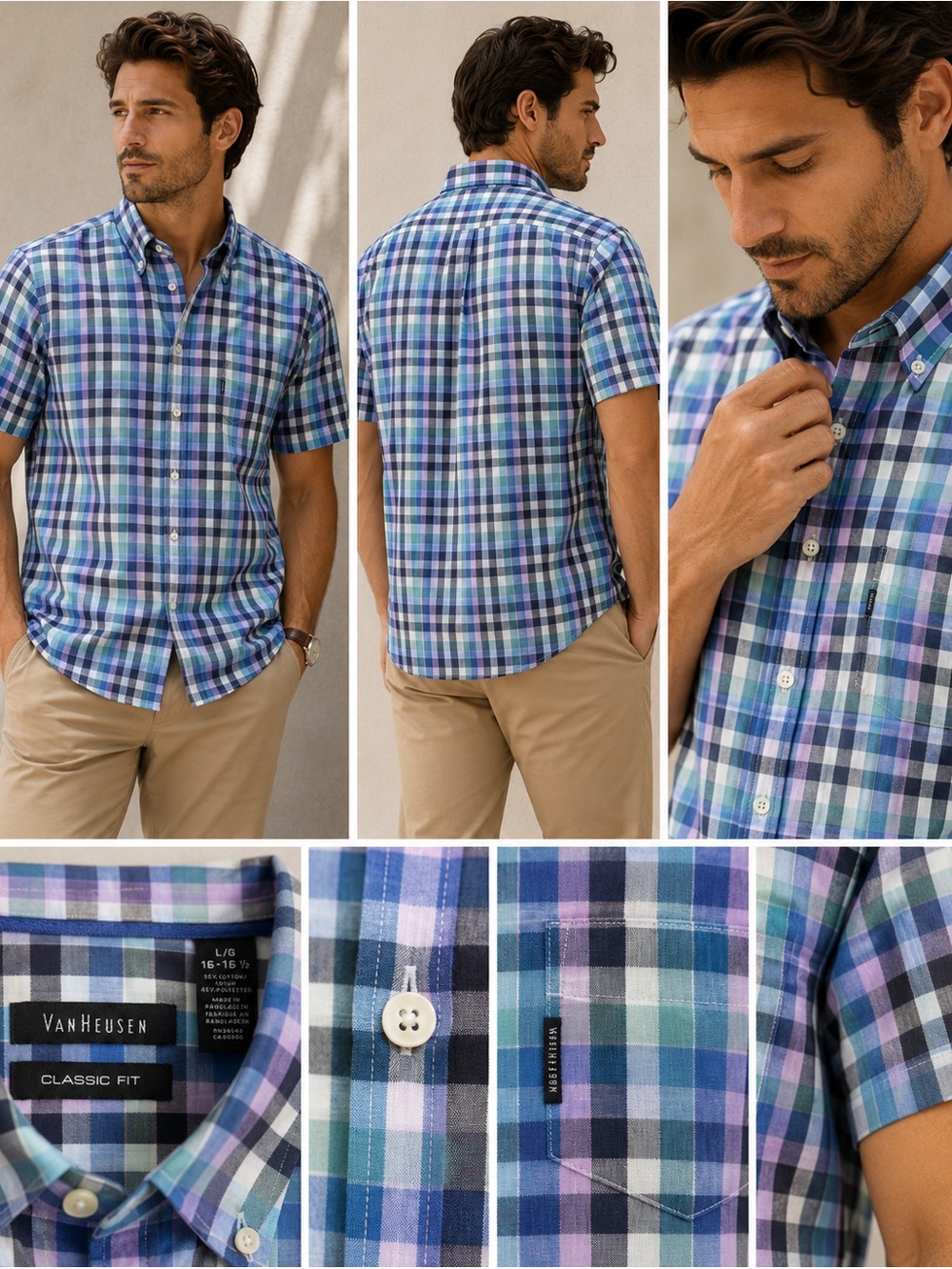 Van Heusen Blue, Purple & Teal Plaid Short-Sleeve Button-Down Shirt